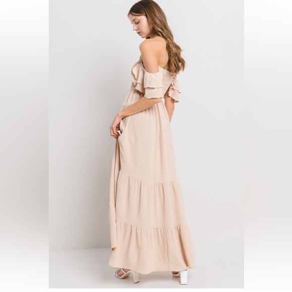 36 Boho Solid Flared Sleeve Long Tiered Dress - Picture 3 of 4